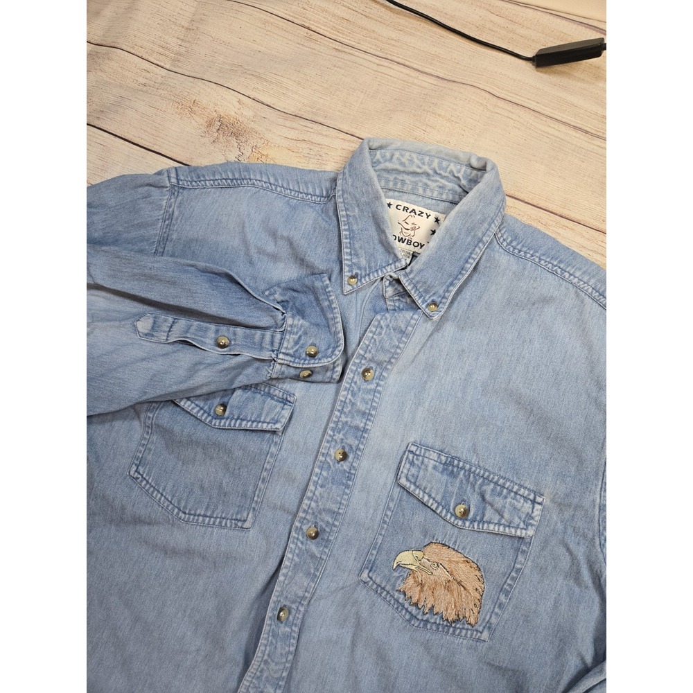 VTG Crazy Cowboy Men's Size XL Western Embroidered Blue Denim  Button Down Shirt